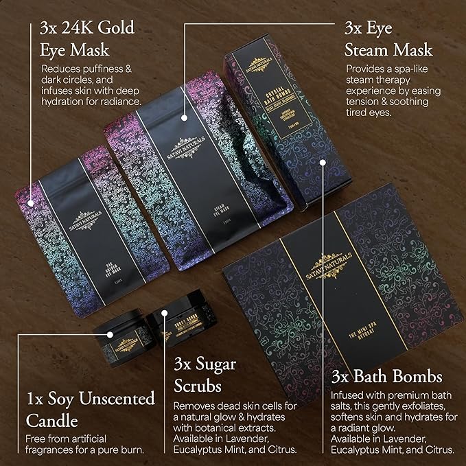Spa Gift Set for Women – The Mini Spa Retreat | Bath Bombs, Sugar Scrub, Candle, 24K Gold Eye Masks & Steam Eye Mask | Self Care & Relaxation Gift Box for Stress Relief at Home