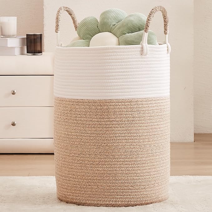 80L Large Hamper Laundry Basket Tall Woven Rope Clothes Hamper Blanket Basket in Living Room Bathroom Bedroom Brown