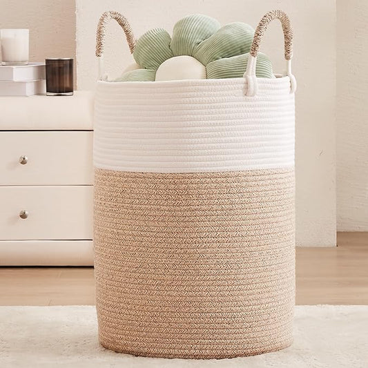 80L Large Hamper Laundry Basket Tall Woven Rope Clothes Hamper Blanket Basket in Living Room Bathroom Bedroom Brown