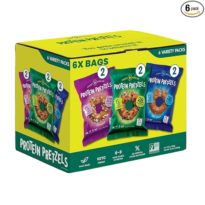 Crisp Power Protein Pretzels, Variety Pack With Sea Salt, Sesame, & Everything, Vegan Keto Snack, Plant Based Protein, Low Carb Crunchy Pretzel Snacks, Sugar Free, No Seed Oils, 1.75 Oz Bags, 6 Pack