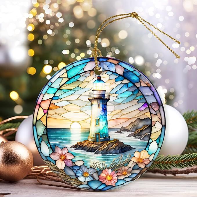 Colorful Ceramic Lighthouse Christmas Ornament for Tree, Holiday Decorations, Christmas Decor, Lighthouse Lovers Gifts, Ornament Gift Ideas