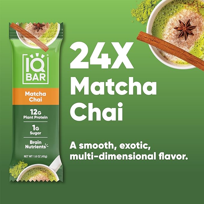 IQBAR Brain and Body Plant Protein Bars - Matcha Chai - 24-Count - Keto, Vegan, Low Carb, High Fiber, Gluten Free, Dairy Free, Low Sugar Snack with Nutrients for Focus, Energy, Meal Replacement