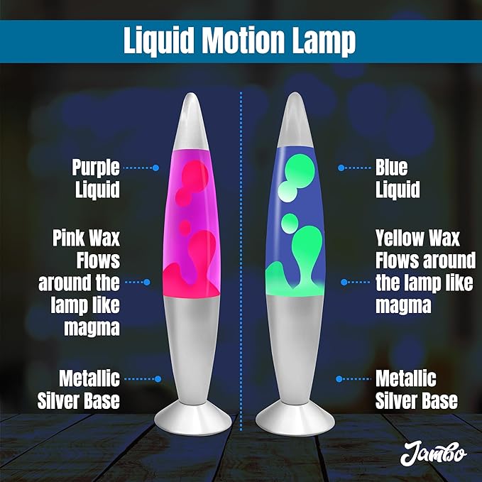 JAMBO 2 Pack- 16" Beautiful Lamp- Blue with Yellow/Green Wax and Purple with Pink Wax, Relaxing Liquid Lamp, Night Light Nightlight, Lamps for Adults Teens Kid