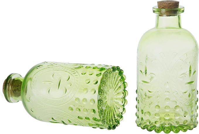 MyGift Vintage Embossed Green Glass Small Reed Diffuser Bottle with Cork Lid, Decorative Flower Bud Vase, Set of 2
