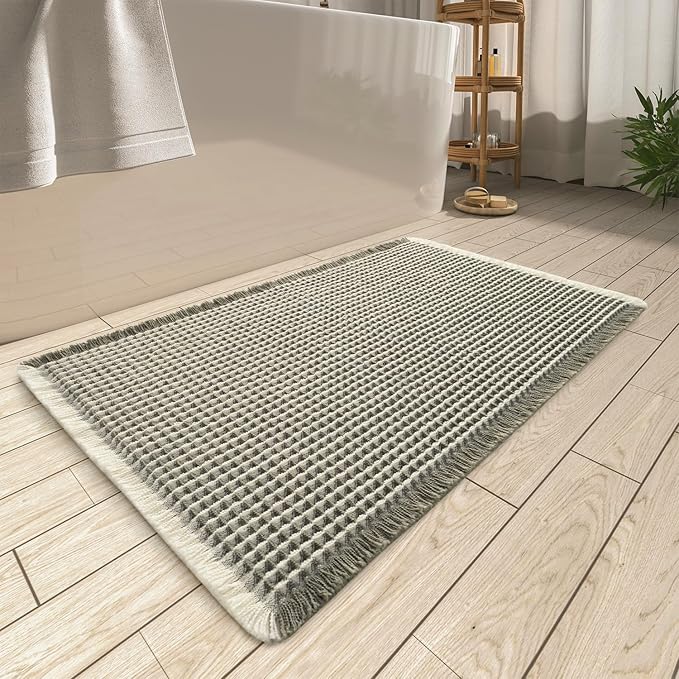 AMOAMI Upgraded Waffle Bath Mat, Super Absorbent Non Slip Bath Mats for Bathroom Floor, Machine Washable Bathroom Rugs with Tassels, Rubber Backed Bathroom Mats, Ultra Soft, 24" x 36", Green & Cream