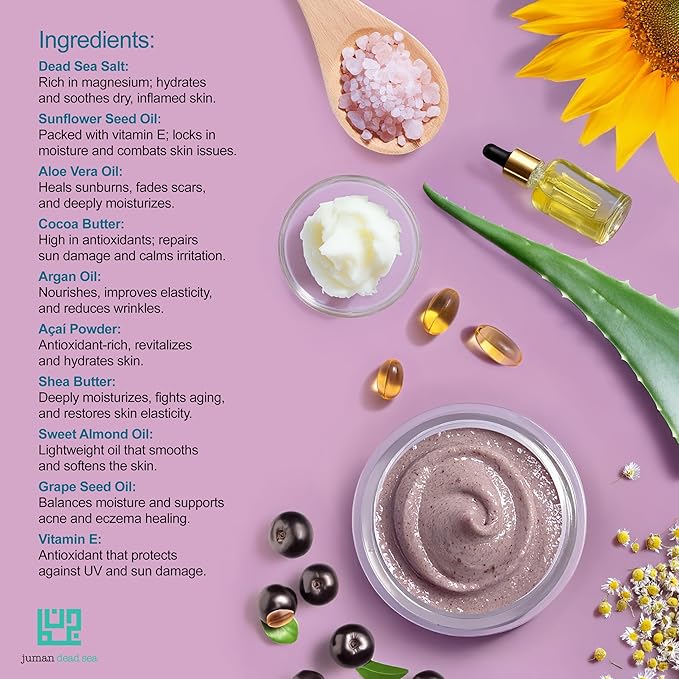 Juman Dead Sea Salt Body Scrub | Infused with Aloe Vera Essential Oil & Cocoa Butter | Acia Berry Scrub | Removes Dead Skin Cells and Rejuvenate Dull Skin | SlS & Paraben Free | Vegan | 11.46 Oz