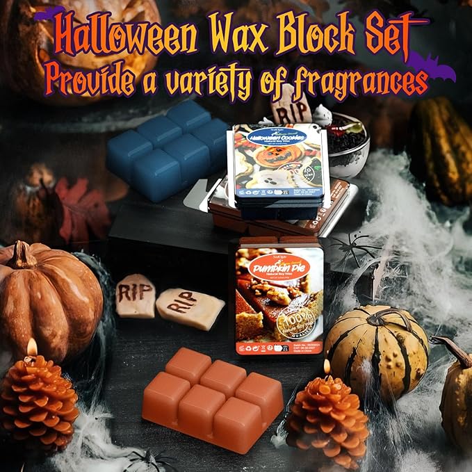 Halloween Scented Wax Melts, Scented Soy Wax Cubes Set for Caramel Apples, Pumpkin Pie, Candy Corn, Halloween Cookies, Chocolate Bars, Popcorn Balls, Caramel Corn, Halloween Gummy Candies