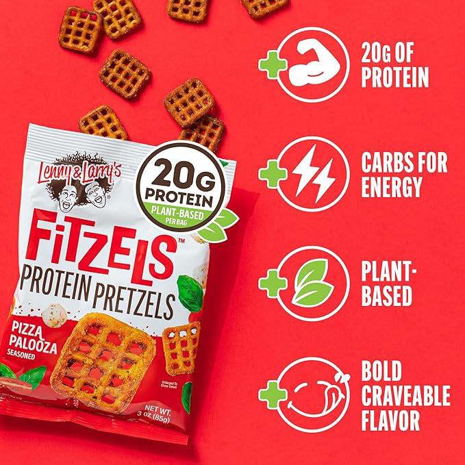 Lenny & Larry's Pizza Palooza FITZELS- Savory Pretzel Snacks Incredibly Tasty High Protein, Salty, Vegan 20 g's of Plant Based Protein 8 (eight) Bags, 3 oz Each