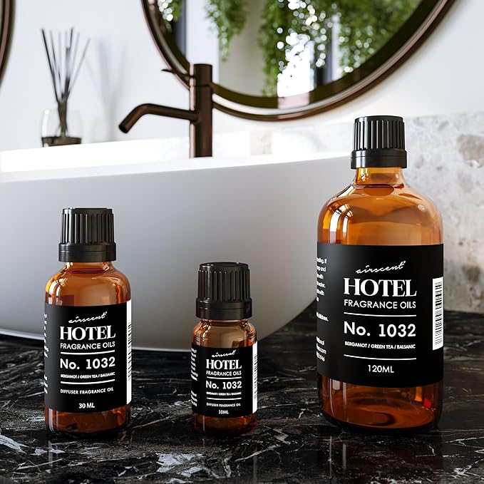 AirScent Hotel Diffuser Oil No. 1032 - Bergamot Green Tea Balsamic Notes - Hotel Scent Dupe - Fragrance Oil for Ultrasonic and Waterless Diffusers and Crafting - 10 mL, 0.34 fl oz Glass Bottle