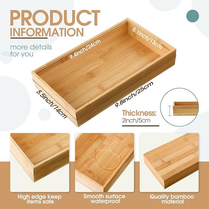 CHENGU 2 Pcs Bamboo Bathroom Trays Small Vanity Tray for Toilet Tank and Bathroom Counter Top, Wood Napkin Holder Tray Organizer for Soap Dispenser Perfume Home Kitchen Decor, 9.8 x 5.5 Inch