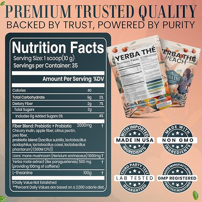 Ancient Diosa - Yerba Mate Tea Powder 350g, 35-Servings - Peach Flavor Clean Energy Drink Superfood - Support Gut Health with Probiotics and Prebiotics, Reduce Brain Fog, Relaxation and Focus Blend