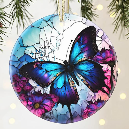 Butterfly Ceramic Hanging Ornament - 3.5 Inch, Butterfly Ornaments for Christmas Tree, Gifts for Holiday Present Exchange