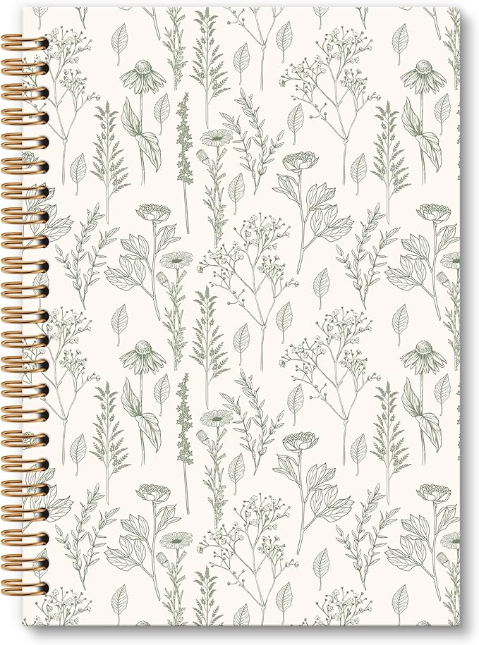 Green Floral Notebook Journal - Floral Journal, Green Floral Flower Spiral Notebook, Flower Aesthetic Notebooks for Women Girls, Vintage Botanical Wildflowers School Office Supplies, 6x8.2In