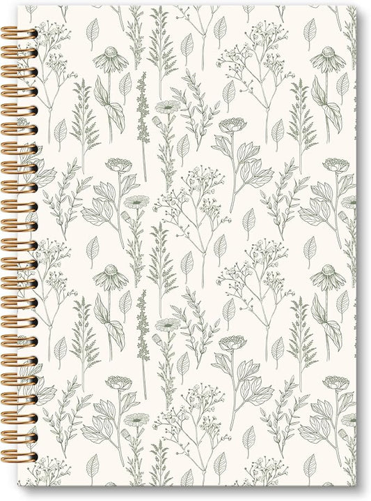 Green Floral Notebook Journal - Floral Journal, Green Floral Flower Spiral Notebook, Flower Aesthetic Notebooks for Women Girls, Vintage Botanical Wildflowers School Office Supplies, 6x8.2In
