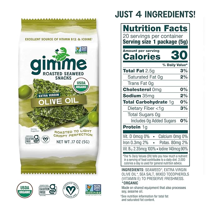 Gimme Seaweed Organic Premium Roasted Seaweed Snacks, Extra Virgin Olive Oil, 20 Count, Keto, Vegan, Gluten-Free, Great Source of Omega3s and Iodine, Healthy On-The-Go Snack for Kids and Adults