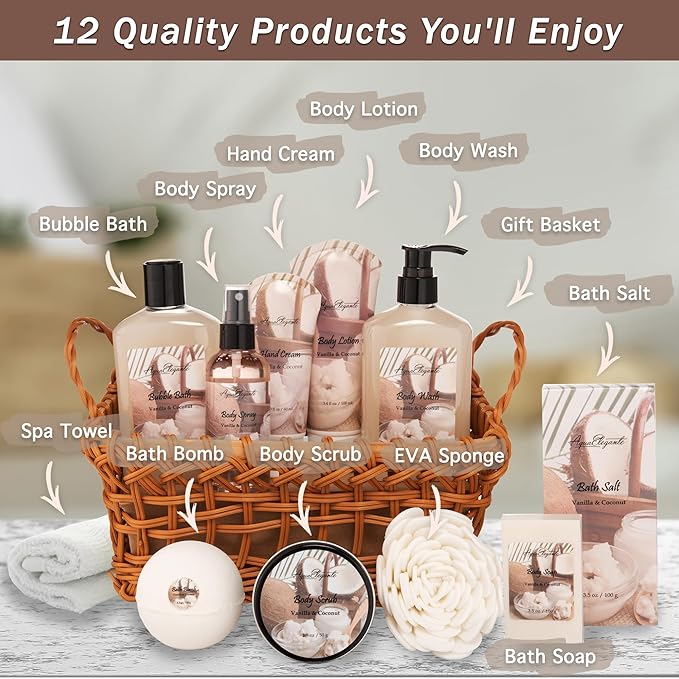 Spa Baskets For Women - Luxury Bath Set With Coconut & Vanilla - Spa Kit Includes Wash, Bubble Bath, Lotion, Bath Salts, Body Scrub, Body Spray, Shower Puff, Bathbombs, Soap and Towel