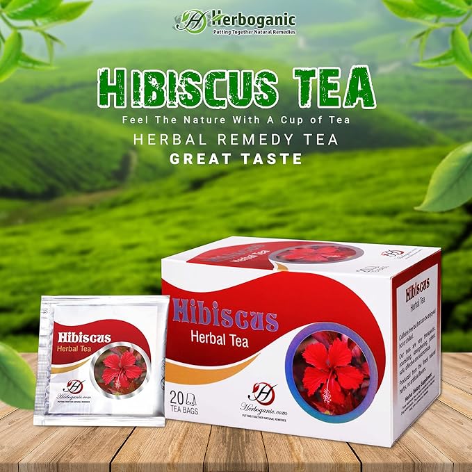 HERBOGANIC Hibiscus Herbal Tea - Digestion and Immune Support | Refreshing and Delicious Blend | Natural Ingredients | 20 Tea Bags