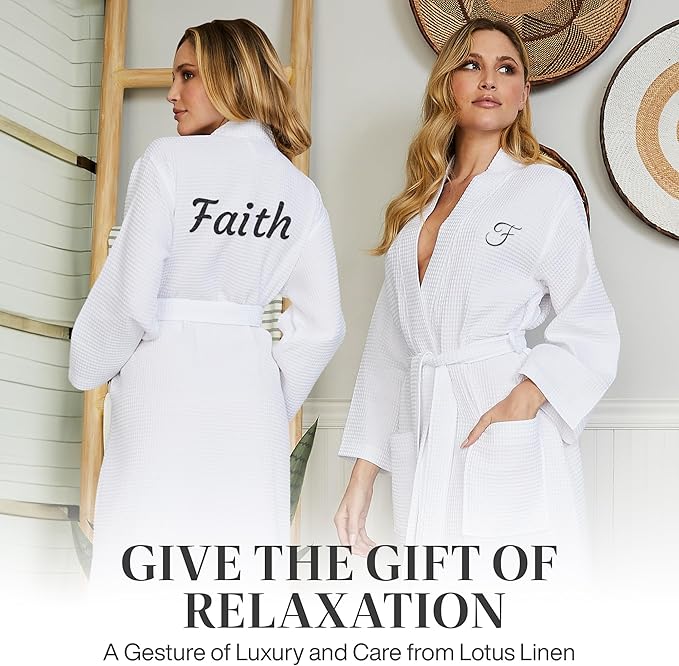 Lotus Linen Waffle Robes for Women - Lightweight Cotton Kimono Bathrobe - Long Soft Spa Bath Robe