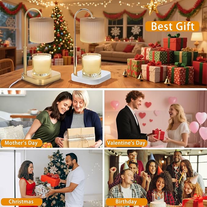 Gold Candle Warmer Lamp with Timer,Mothers Day Gifts for Mom,House Warming Gifts New Home Decor,20 Gears Rotary Dimming with 2 Bulbs