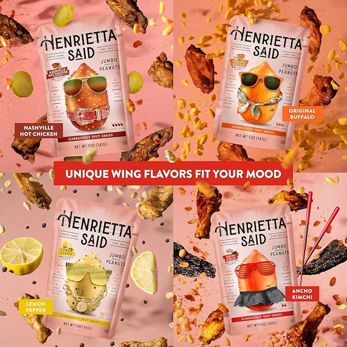 Henrietta Said Wing-Flavored Peanuts - Truly Good Foods Snacking Nuts - Bold Flavors - Savory & Spicy - Jumbo Flavored Peanuts - Protein Packed Vegan Snack - 4 (5-oz) Packs - Ancho Kimchi