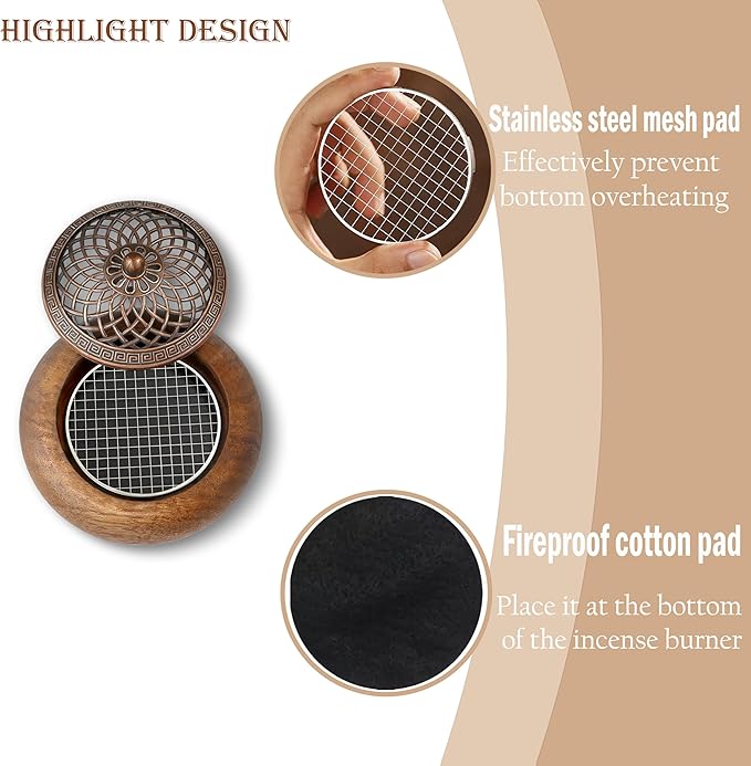 Acacia Wood Incense Burner for Cones & Coils, with Sticks Holder - 3-in-1, Zen Meditation Yoga Home Room Decor