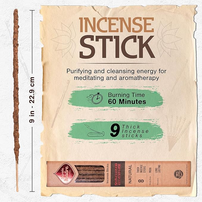 8 pcs Wildly Harvested Thick - Natural Sandalwood Olibanum Incense Sticks, 9” Long - Eco Friendly, Incense Sticks (1hr Burning Time) to Heal & Purify Your Body and Surroundings