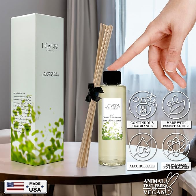 LOVSPA Zen White Tea & Ginger Diffuser Oil - Luxury Essential Oils for Diffuser Refill & Air Freshener Room Spray - Long-Lasting & Natural Home Fragrance, Scented Oil for Diffusers, USA Made, 4oz
