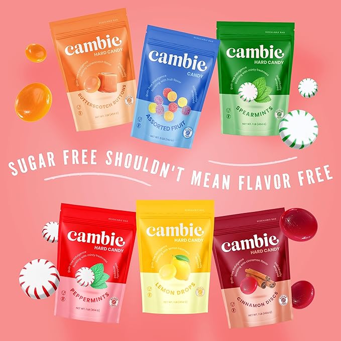 Cambie Sugar Free Mints, 1 lb of Sugar Free Hard Candy, Individually Wrapped Peppermints with a Refreshing & Sweet Mint Flavor, Packaged Fresh in a Resealable Pouch