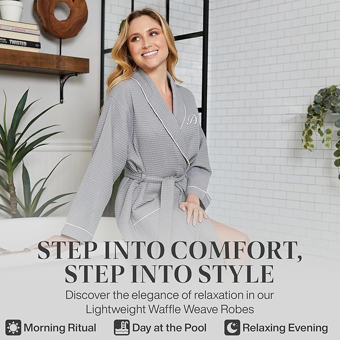 Lotus Linen Waffle Robes for Women - Lightweight Cotton Kimono Bathrobe - Long Soft Spa Bath Robe