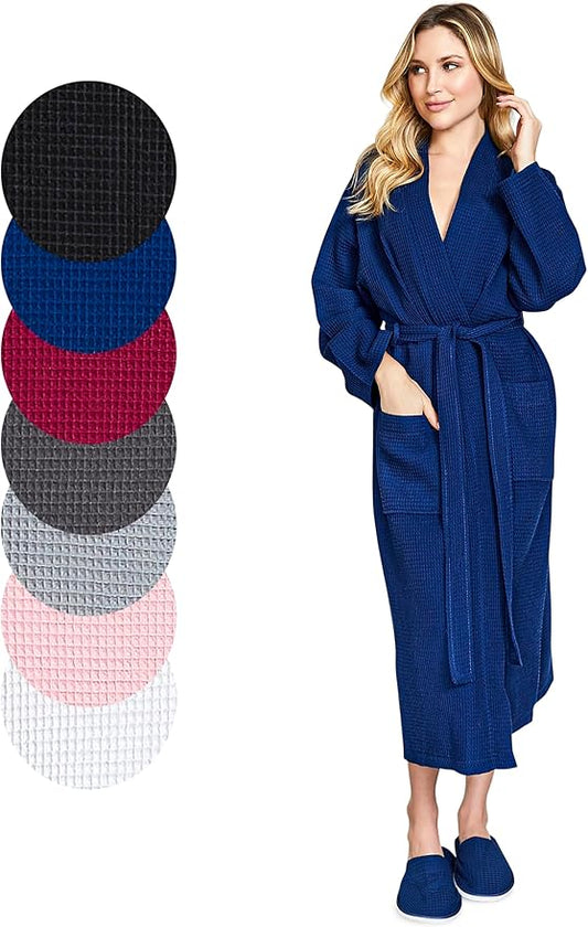 Lotus Linen Waffle Robes for Women - Lightweight Cotton Kimono Bathrobe - Long Soft Spa Bath Robe
