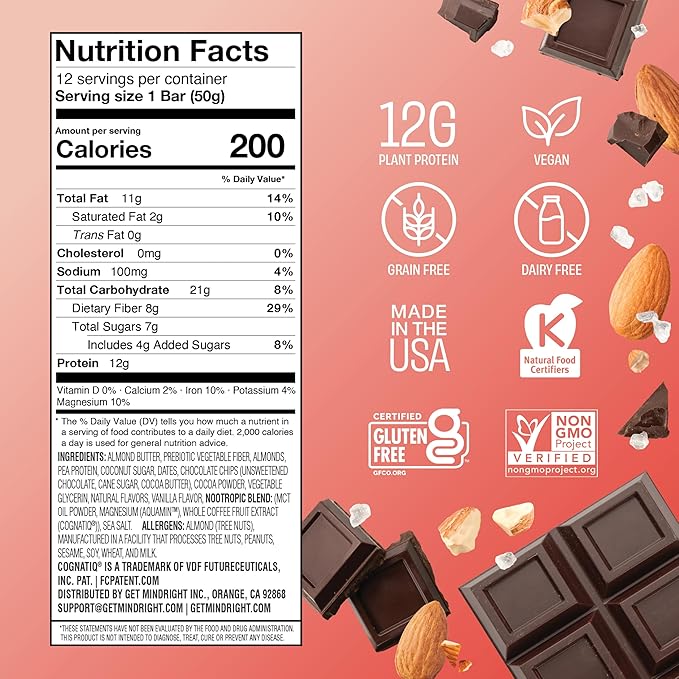 MINDRIGHT Superfood Vegan Protein Bars - Gluten Free Non-Gmo Low Sugar - Plant based protein bars - All Natural Brain Food Healthy Snack To Help Enhance Mood & Energy (Dark Chocolate Sea Salt,12 Pack)