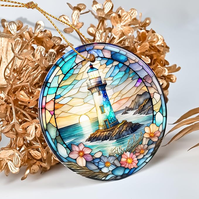Colorful Ceramic Lighthouse Christmas Ornament for Tree, Holiday Decorations, Christmas Decor, Lighthouse Lovers Gifts, Ornament Gift Ideas