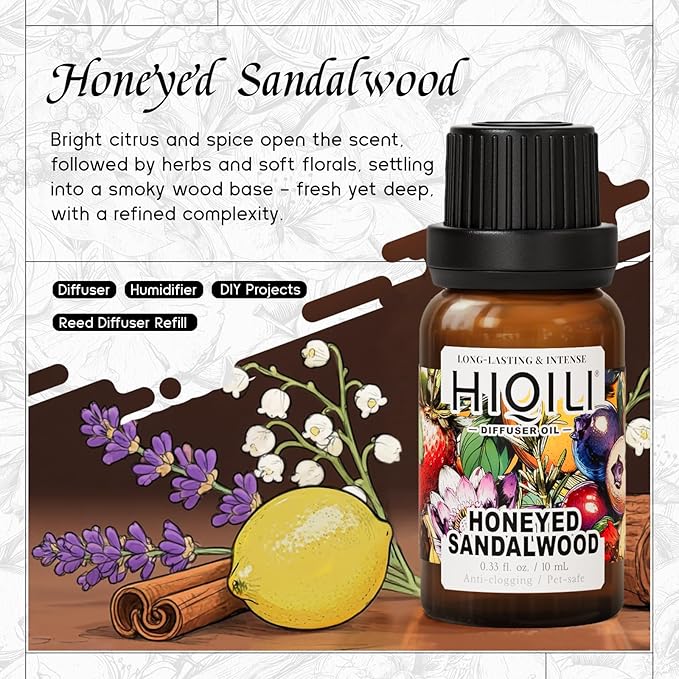HIQILI Honeyed Sandalwood Diffuser Oil for Car Air fresheners, Ultrasonic or Reed Diffuser, Relaxing & Cozy, Hotel Scent - 0.34 Fl Oz