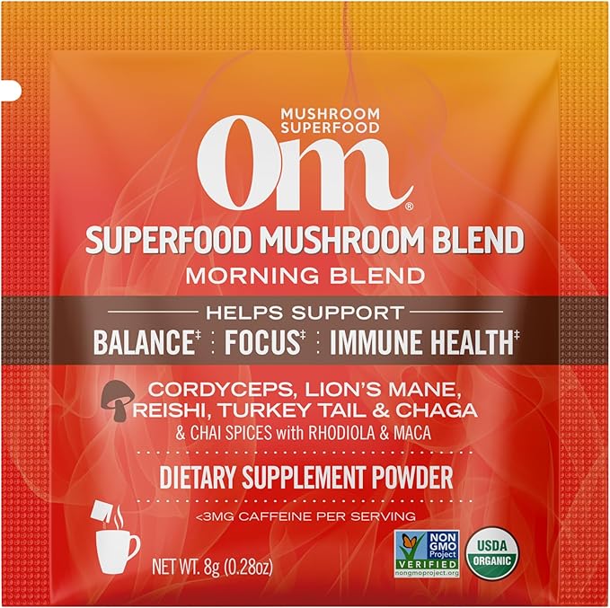 Om Mushroom Superfood Morning Energy Blend Mushroom Powder Drink, Single Serve, 10 Count, Coffee Free Energy Drink with Cordyceps, Vitamin D2, Agaricus Bisporus, Lion's Mane, Rhodiola, and Turkey Tail