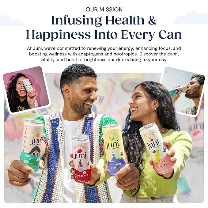 Juni Sparkling Adaptogen Drink with Ashwagandha, Lion’s Mane & Reishi Mushrooms | Green Tea for Focus, Zero Sugar, 5 Calories | Decaffeinated, Non Alcoholic Drinks - Yuzu Pineapple 12 pack