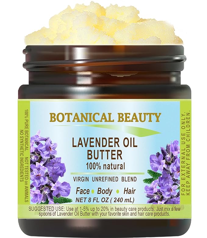 Botanical Beauty LAVENDER OIL BUTTER 100% Natural Lavender Essential Oil in Shea Nut Butter for FACE, SKIN, BODY, HAIR, NAILS. Beauty Skin Moisturizer Oil Butter. (8 Fl Oz)