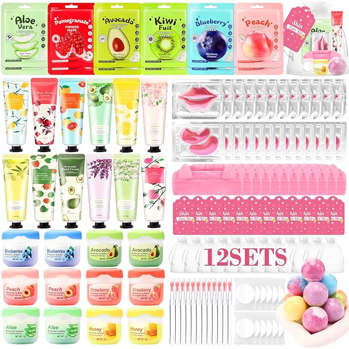 132 PCS Spa Party Supplies for Girls, Spa Party Favors Include Face Masks Skincare, Hand Cream, Lip Balm, Under Eye Patches, Lip Mask and Foot Bath Bombs, Spa Birthday Sleepover Party Supplies