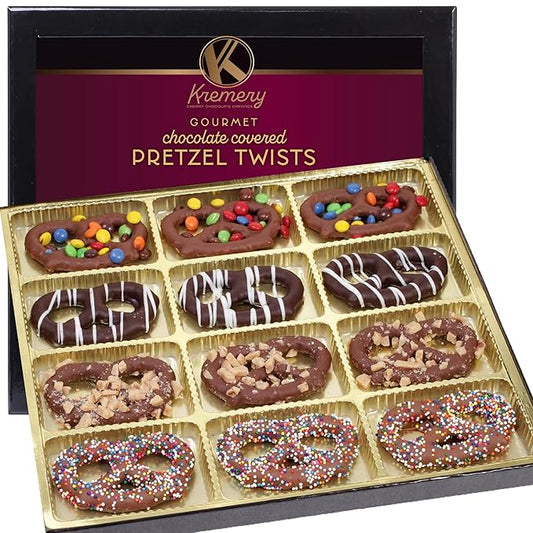 KREMERY Creamy Chocolate Cravings - Diwali Sweets Hamper Chocolate Covered Pretzel Twists Gift Basket, in Sectional Gift Box (12 Pretzels, Assorted Sweet Toppings)