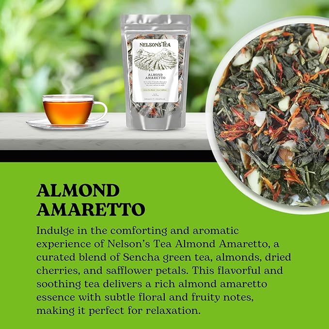 Nelson's Tea Almond Amaretto - Herbal Green Loose Leaf Tea, Curated Blend with Sencha Green Tea, almonds, Dried Cherries, and Safflower - Perfect for Bedtime Brew (16 oz)