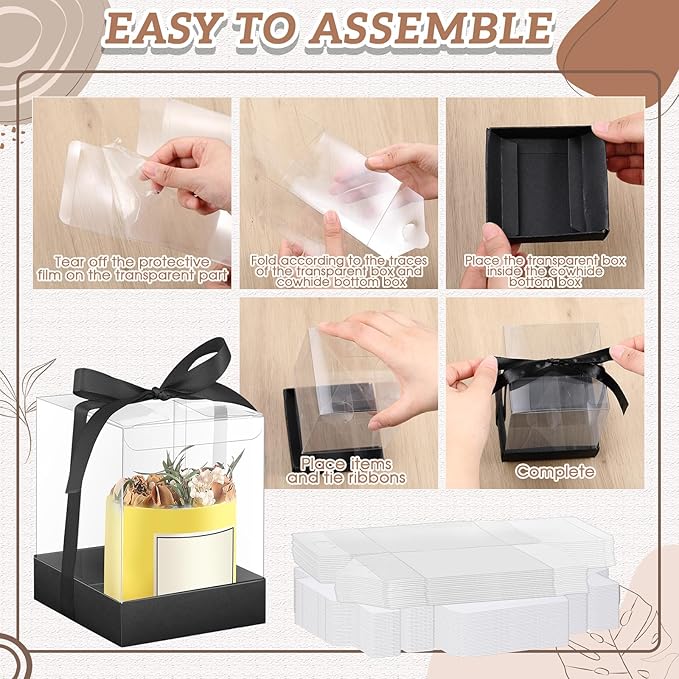 Cunno 36 Set 3.5 x 3.5 x 4.3 in Candle Package Transparent Gift Box 4-18 oz Handmade Tealight Candle Holder Bulk Paper Bottom Ribbon for Wedding Baby Shower Party Mug Cake Wine Glasses(Black)