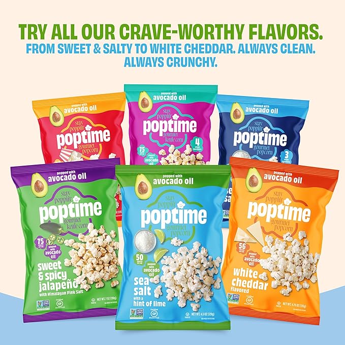 Poptime Popcorn Bags – Sea Salt Popcorn With a Hint of Lime, Healthy Snack Popped With Heart-Healthy Avocado Oil, Crunchy, Zesty, Gluten Free, Vegan, Low Calorie, Non-GMO, Kosher - 4.5 oz - Pack 4