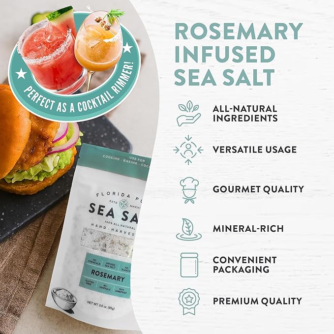 FLORIDA PURE Rosemary Sea Salt - 80+ Mineral Sea Salt, Natural, Unrefined, Non Iodized - for Baking, Cooking, Seasoning & Enhancing Taste - Hand-harvested Flaky Sea Salt (3 oz. Pouch)