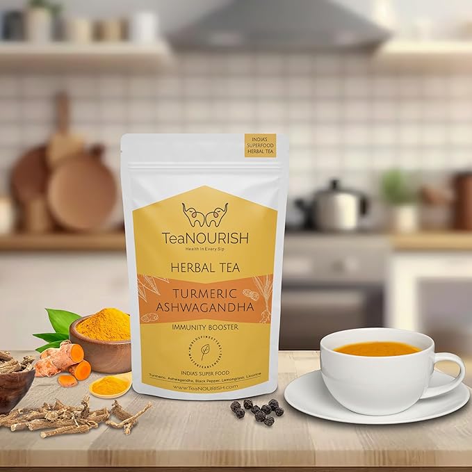 TeaNOURISH Turmeric Ashwagandha Herbal Tea | CAFFEINE-FREE | Indian Superfoods Blended with Black Pepper & Licorice | Supports Immunity - 3.53oz/100g (Pack of 2)