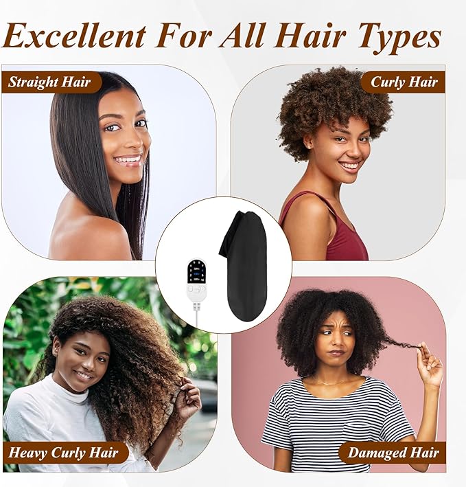 Heated Cap for Deep Conditioning: Upgraded Extra Large 10-Level Fast Heating 3 Time Settings Hair Steamer Cap for Natural Black Hair Portable Thermal Steam Cap for Home Hair Treatment - Black