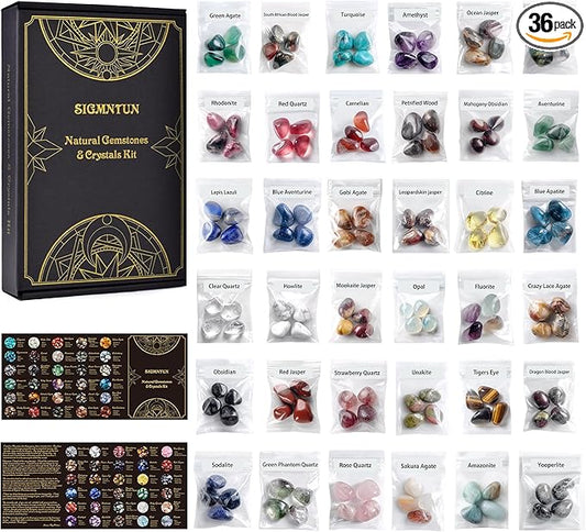 Polished Healing Crystal Stones Set – 36 Different Natural Gemstone Types, 2.5 lbs of 0.6" Tumbled Decorative Rocks Collection for Chakra, Meditation, Reiki, Energy Work, Crafts, Gifts