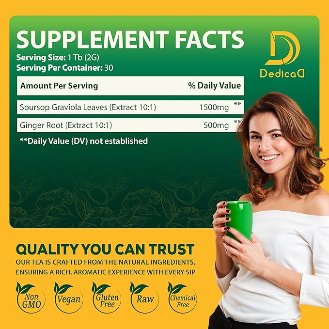 DEDICAD Soursop Leaves Tea Bags with Ginger, 30 Tea bags, 2gr/bag - Non-GMO/Caffeine free - Support Digestion, Well Skin, Immune System
