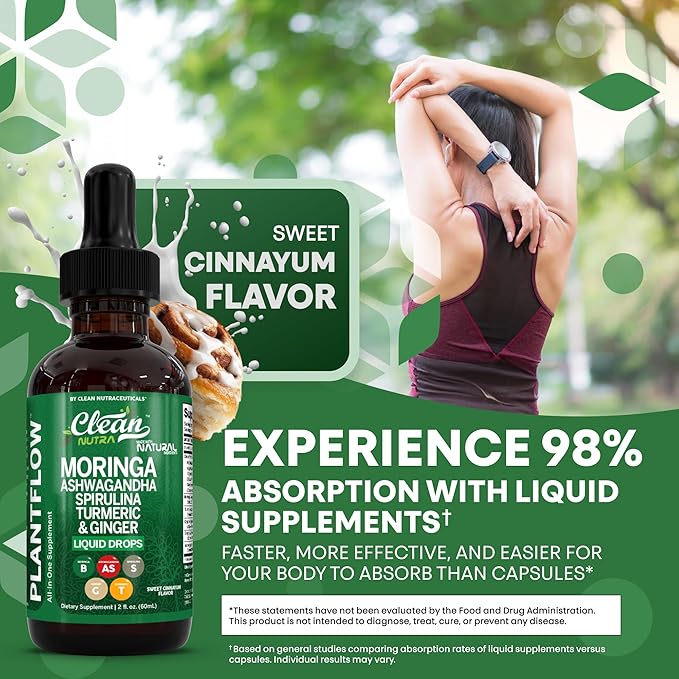 Clean Nutra Moringa Supplement Drops Ashwagandha Spirulina Chlorella Turmeric & Ginger Liquid Barley Grass with Chlorophyll Blue Green Algae Vitamin C Antioxidant Holy Basil Ceylon Cinnamon PlantFlow