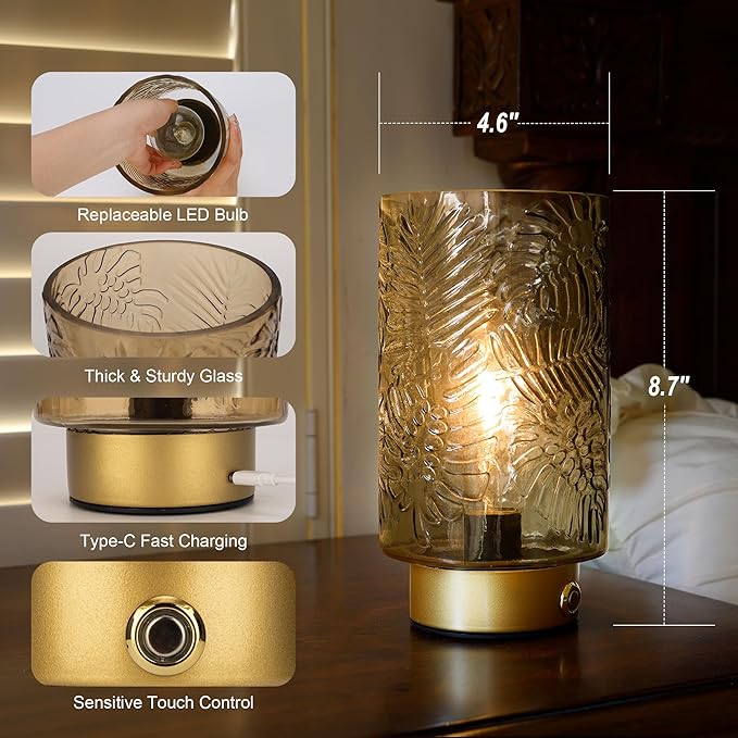 Cordless Lamps Rechargeable Battery Operated lamp,Glass Table Lamp Remote Control-Dimmable Brightness Touch Wireless Bedside Lamp for New Home Gift/Bedroom/Kitchen/Living Room Decor Amber