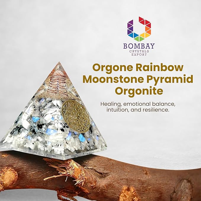 Rainbow Moonstone Orgone Pyramid – Handcrafted Healing Crystal for Positivity, Strength, Meditation, Yoga, Reiki & Chakra Balancing
