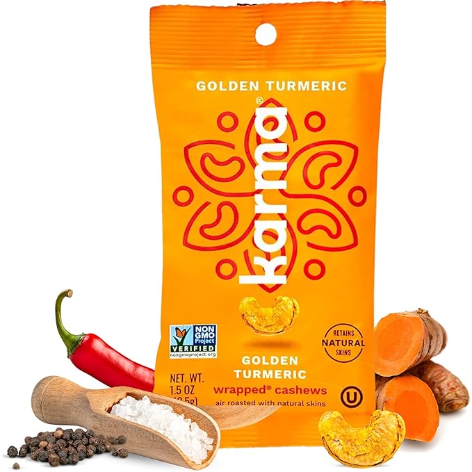 Golden Turmeric Cashews with Skin by Karma Nuts, Whole, Roasted, Vegan, Gluten Free, Low Net Carb, Natural, Everyday Nut Snack, 1.5 Ounce (12 Snack Packs)